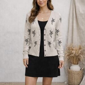 Beige Black Button Down Cardigan Sweater SZ S | Classic Classy Regal | Sundance